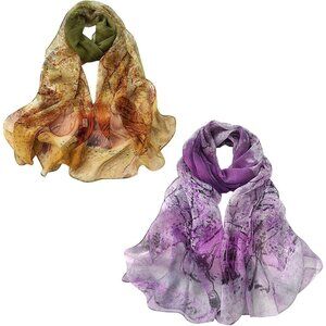 Women's Green+purple Fashion Lightweight Head Scarf Floral Print Chiffon Scarves
